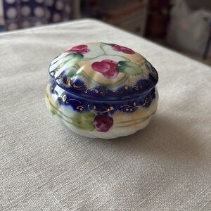 Vintage Nippon Porcelain Trinket Box Hand Painted Floral Gold Trim White Multi